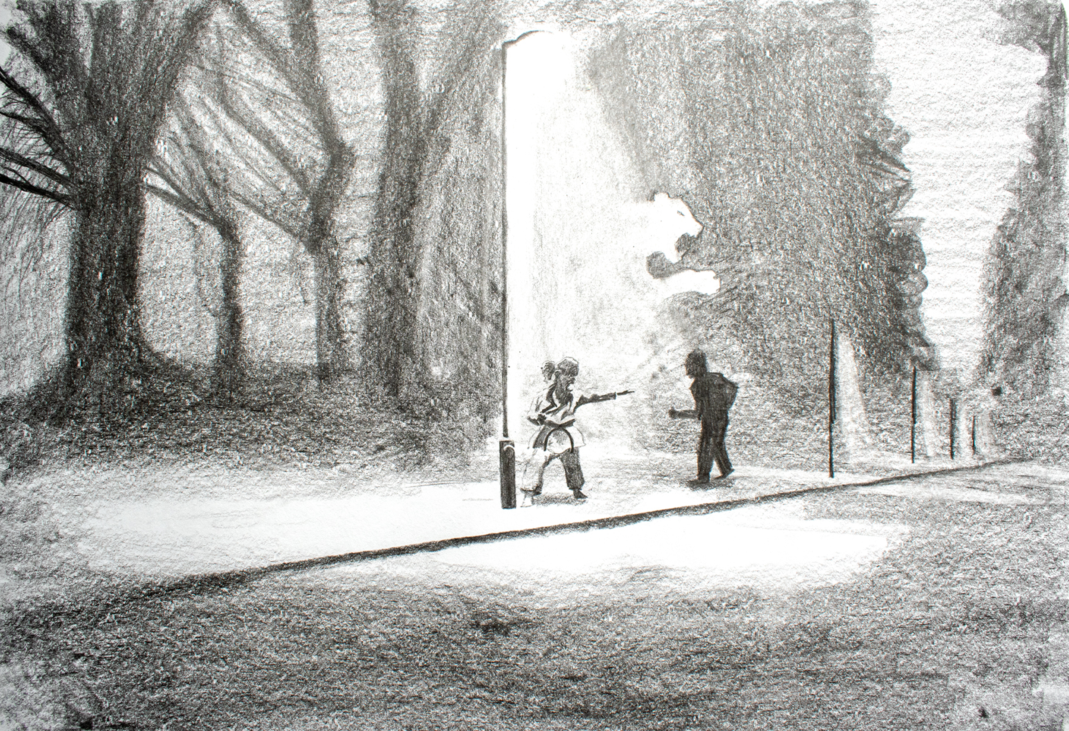 Sketchbook page with pencil drawing of woman defending herself at night
